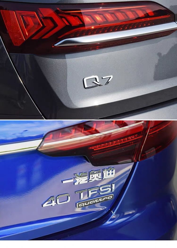 Audi car emblem modification: A6L engine displacement tail badge, original A4L rear lettering, A3, Q5, Q7, Q8 body side decals, four-wheel drive logo