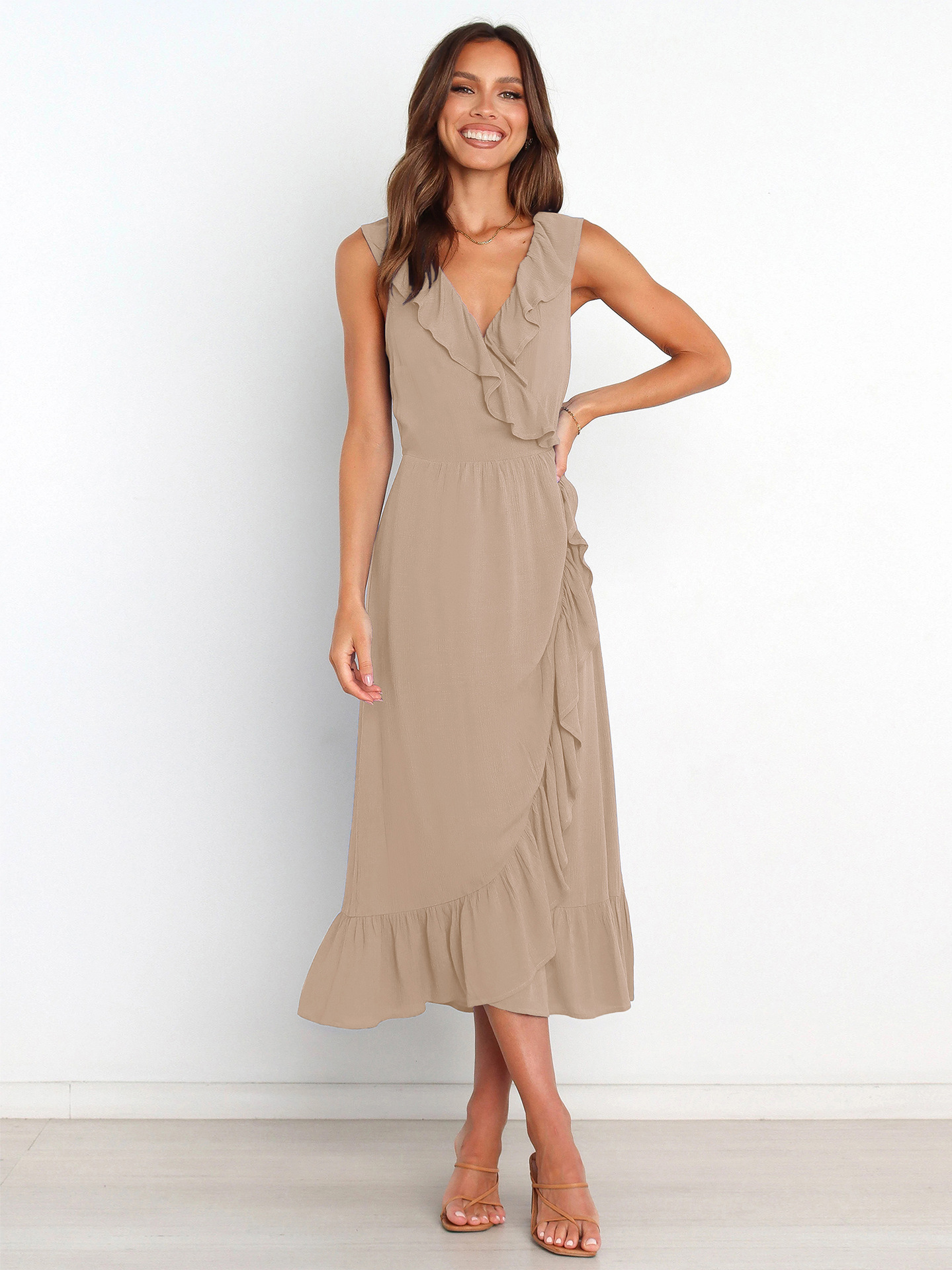 Elegant Solid Color V Neck Sleeveless Ruffles Viscose fiber Midi Dress Regular Dress