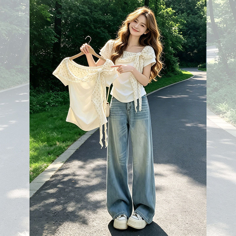 White Off-The-Shoulder Floral Lace-Up Slim-Fit Short-Sleeve T-Shirt for Women, 2026 New Summer Stylish Top