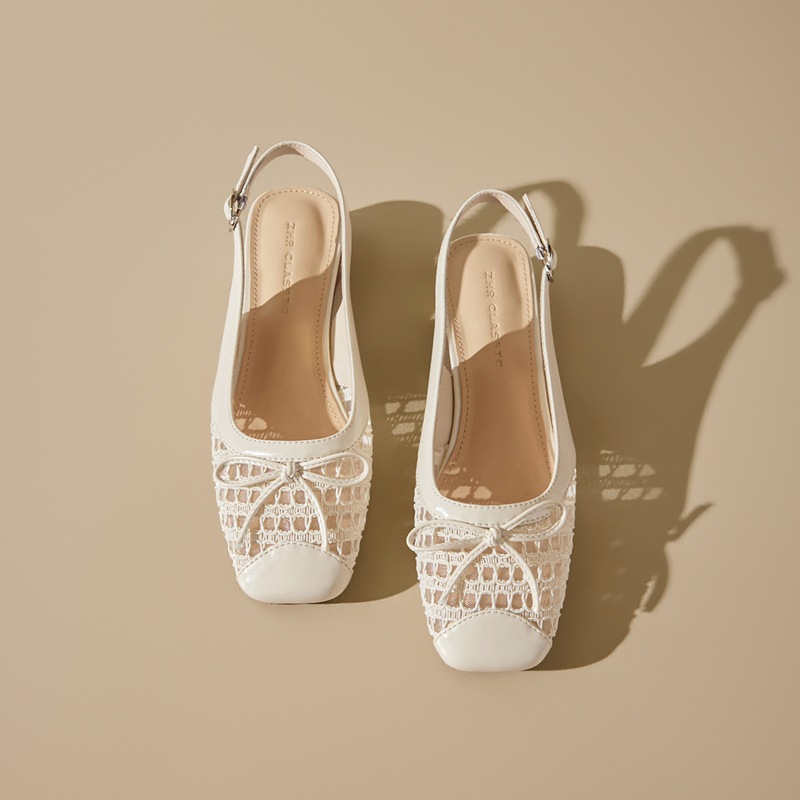 Sandal nữ mũi tròn quai ngang nơ bướm cổ điển, gót thấp thoáng khí — CV21 Bạc
