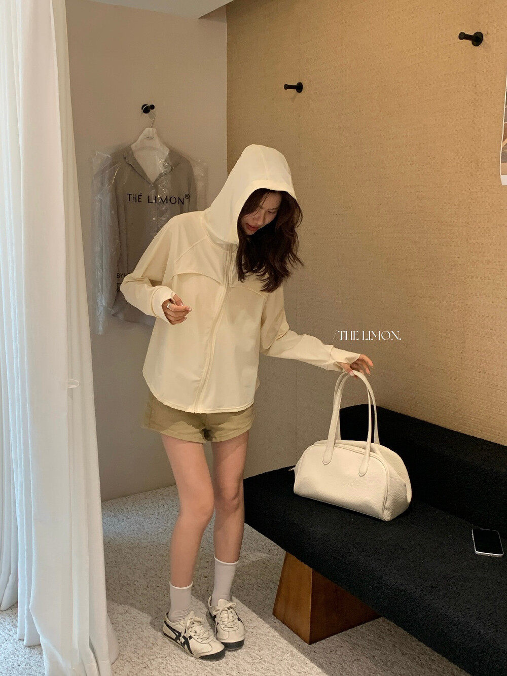 Áo chống nắng nữ dáng dài có mũ kéo khóa tay ngắn phong cách thoải mái — Vàng nhạt, hồng nhạt, màu trắng, màu xám chi tiết 29