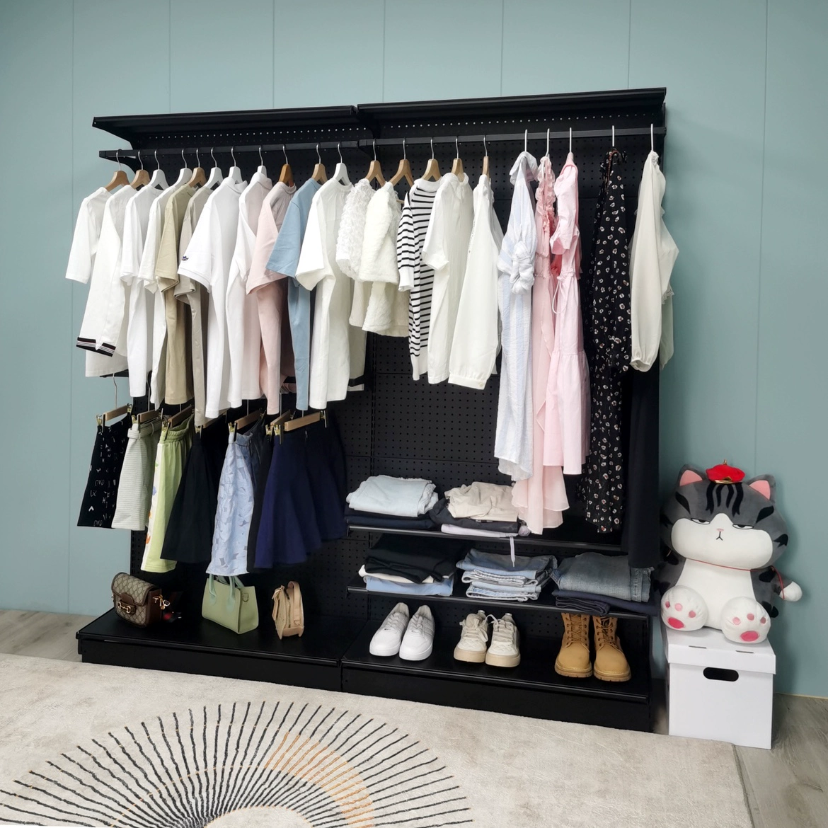 A6T 1.9m черный открытый шкаф для хранения, настенный простой железный художественный шкаф, металлическая перфорированная доска, органайзер для спальни.