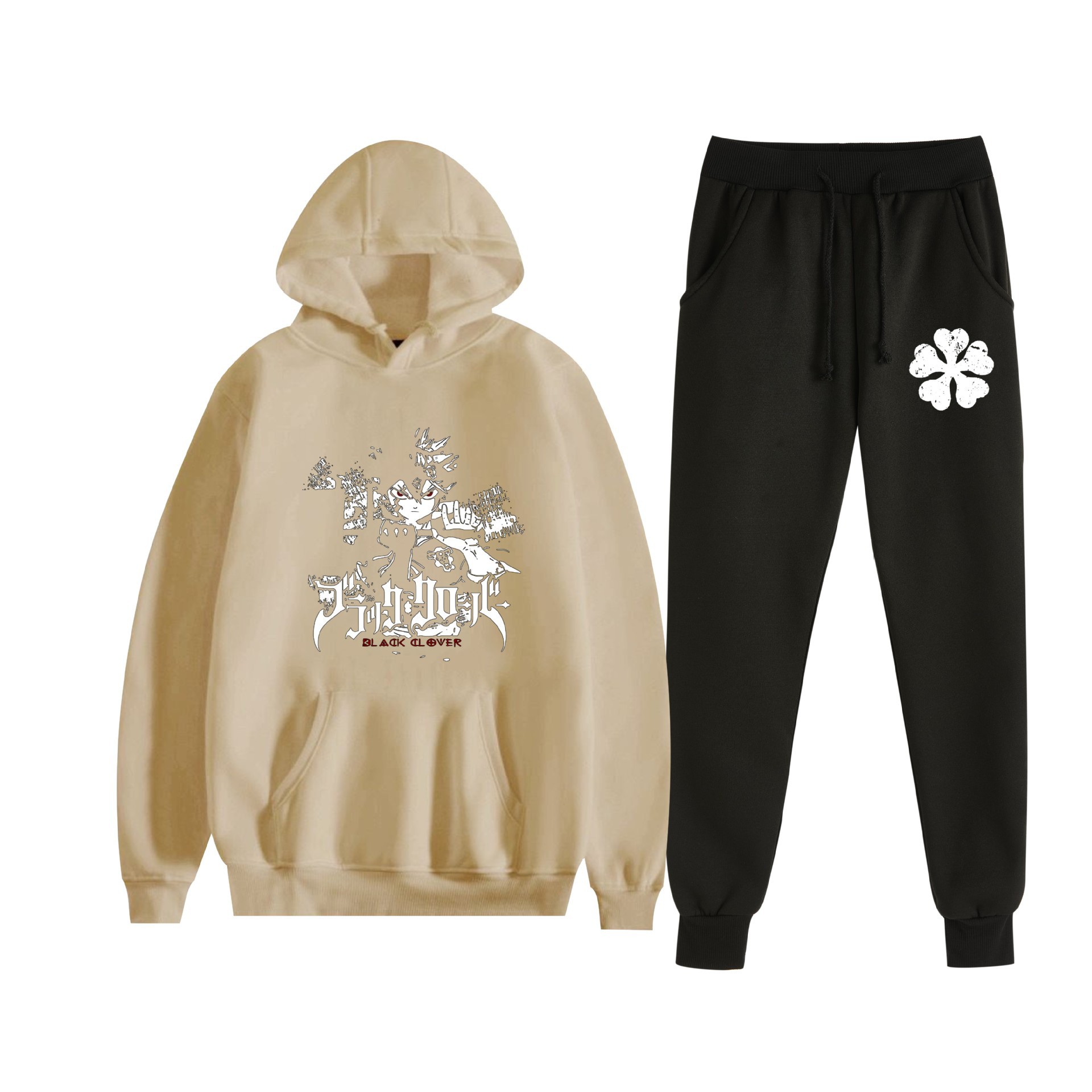 Europa y América otoño e invierno negro trébol de cuatro hojas periférico bidimensional hombres y mujeres deportes de ocio más suéter con capucha de terciopelo traje al por mayor