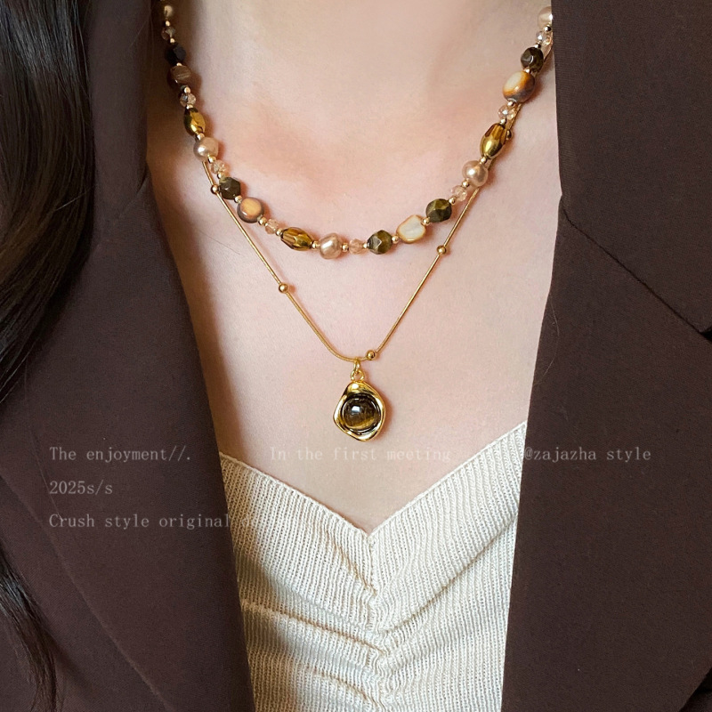 Retro Tiger Eye Stone Natural Stone Beaded Necklace Women's Autumn and Winter New Accessible Luxury High-End Accessories Elegant Sweater Chain