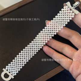 豪华版编织手链3-4mm近圆强光微微瑕天然淡水珍珠14k注金马蹄扣