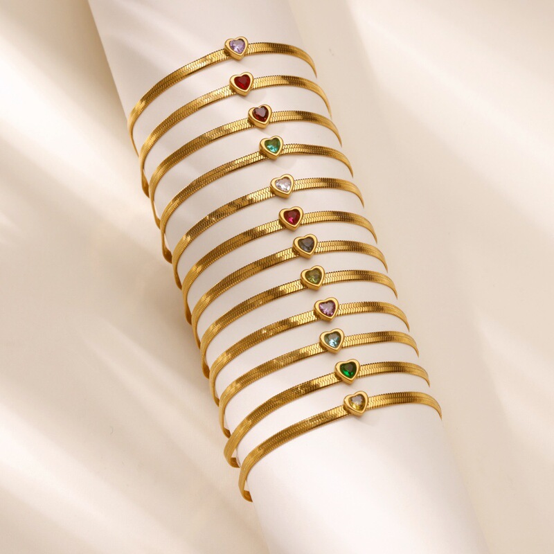 Cross-border All-match Heart-shaped Birthstone Flat Snake Chain Bracelet 18K Gold-plated Snakeskin Creative Minimalist INS Style Bracelet for Women