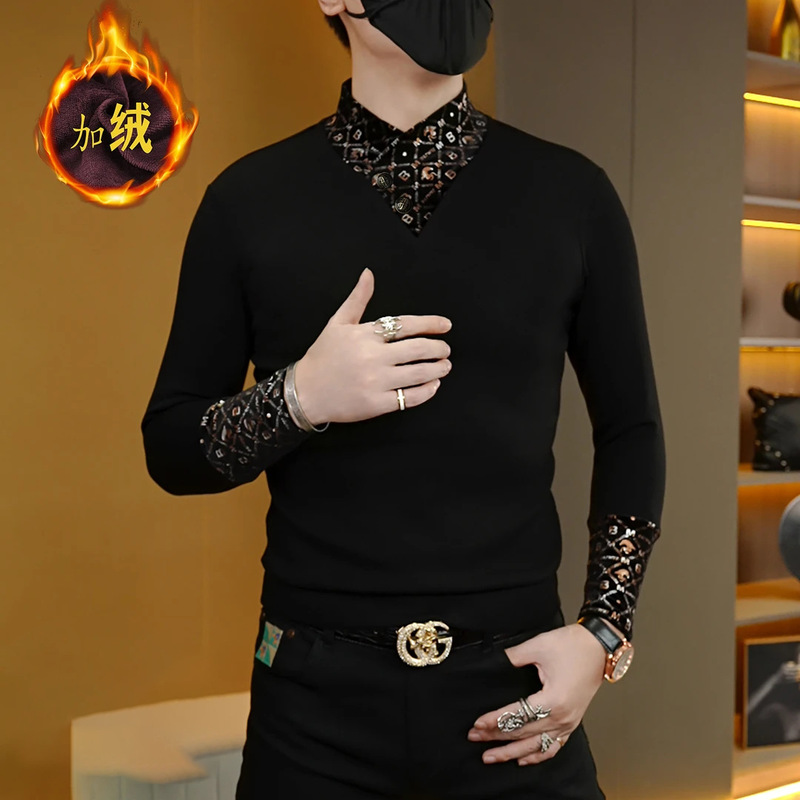 Winter Light Luxury Fashion Trend Warm Personality Versatile Men's Fleece Slim Casual Base Scarf Long-Sleeve Sweatshirt