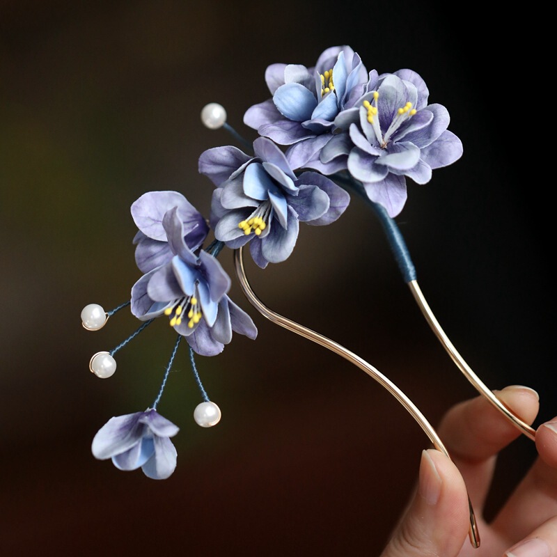 古代風の花の頭飾りサイドクリップ、古典的なチャイナドレスと漢服のバックプレスアクセサリー、唐風のヘアピンサイドクリップ、超妖精|undefined