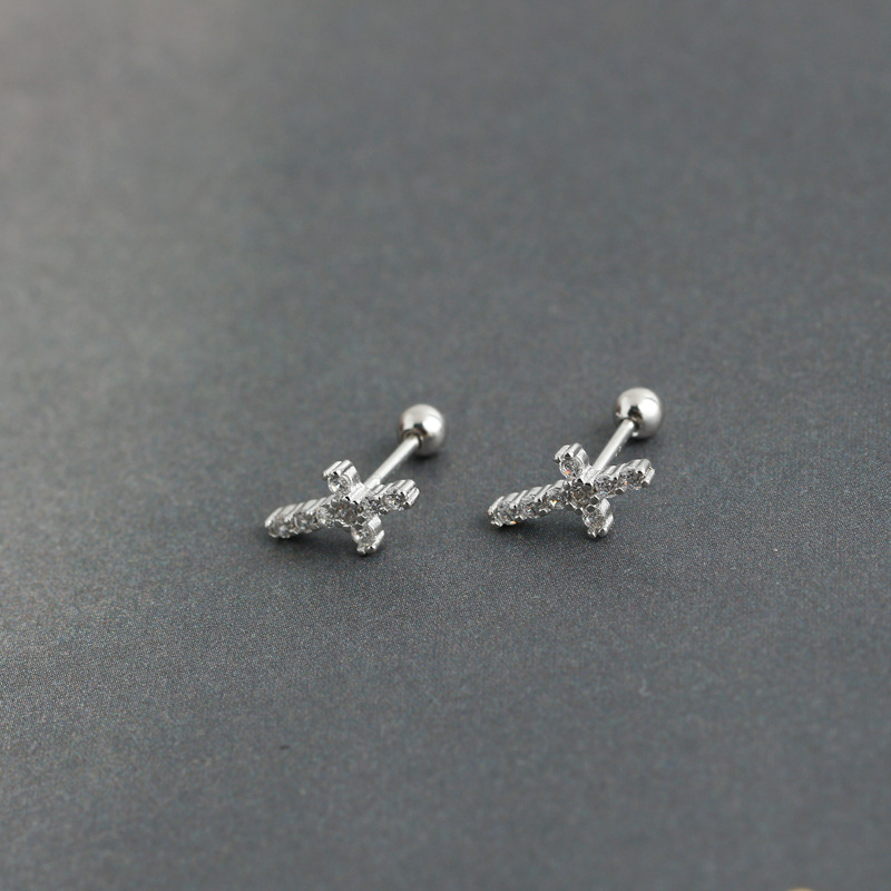 Simple Style Cross Sterling Silver Inlay Zircon Ear Studs 1 Pair