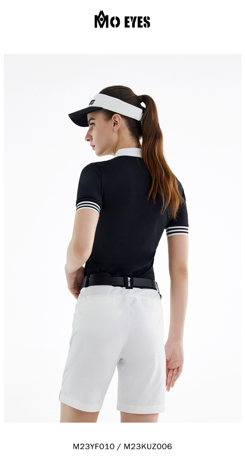 Bộ quần áo golf nữ Moeyes Magic Eye thể thao thoáng khí vải đính hạt mùa hè — M23KUZ006-Quần short đen, M23YF010-Áo màu trắng, M23YF010-Áo màu đen, M23KUZ006-Quần short trắng chi tiết 12