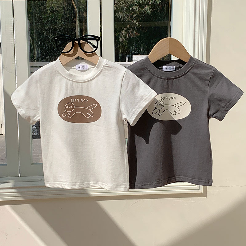 Children's Summer Cotton Top Children's Korean-style Cartoon Round Neck T-shirt Baby's Cool Short-sleeved Letter Printing Summer