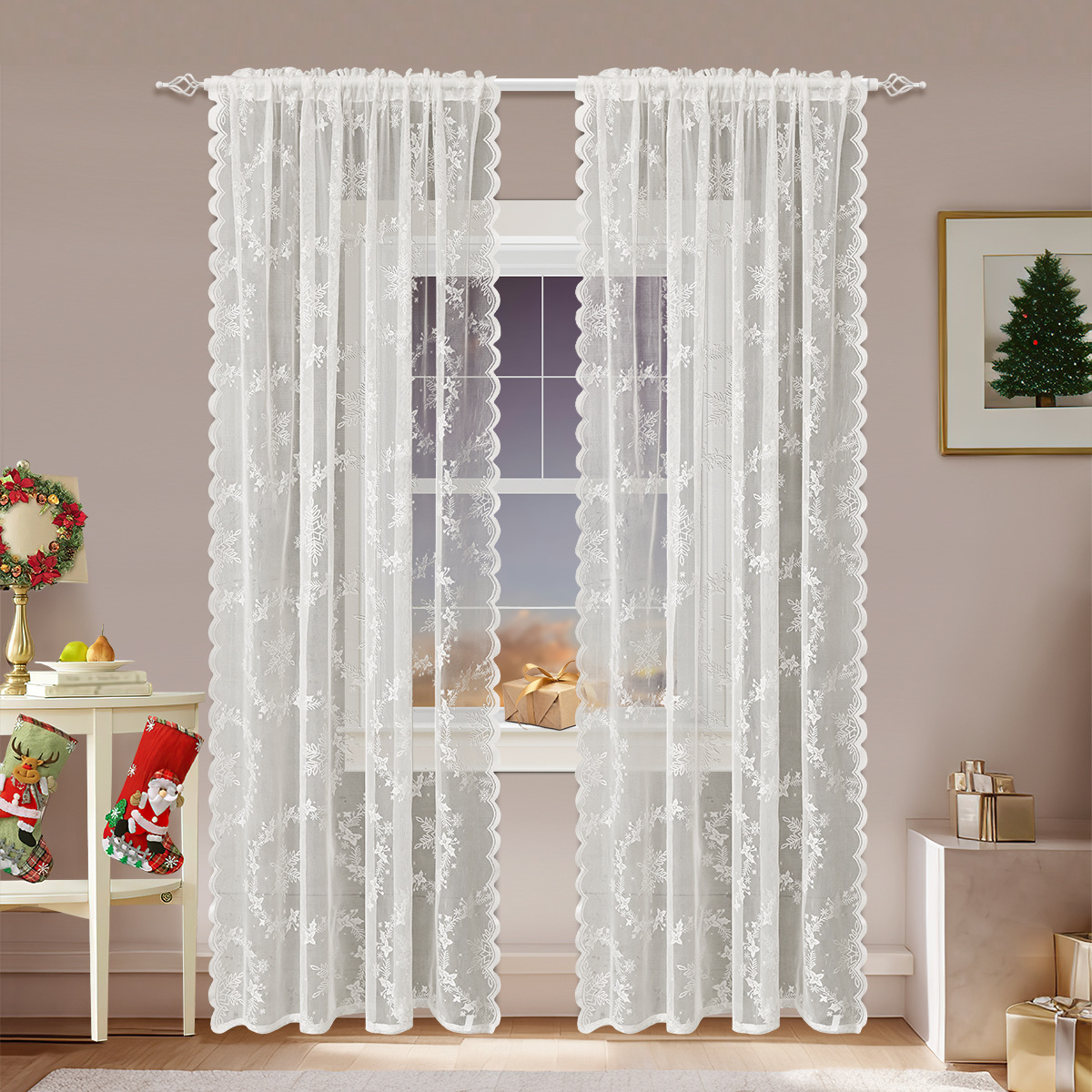 Nuevo espejo transfronterizo copo de nieve ventana de tela de barra de presión de hilo de encaje de acero cortinas de sombra decoración de sala de estar TEMU