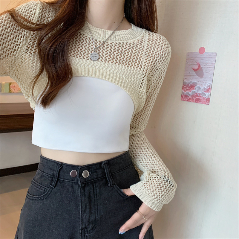 Suéter hueco corto ropa de mujer verano nuevo diseño manga larga protección solar blusa chal de seda de hielo