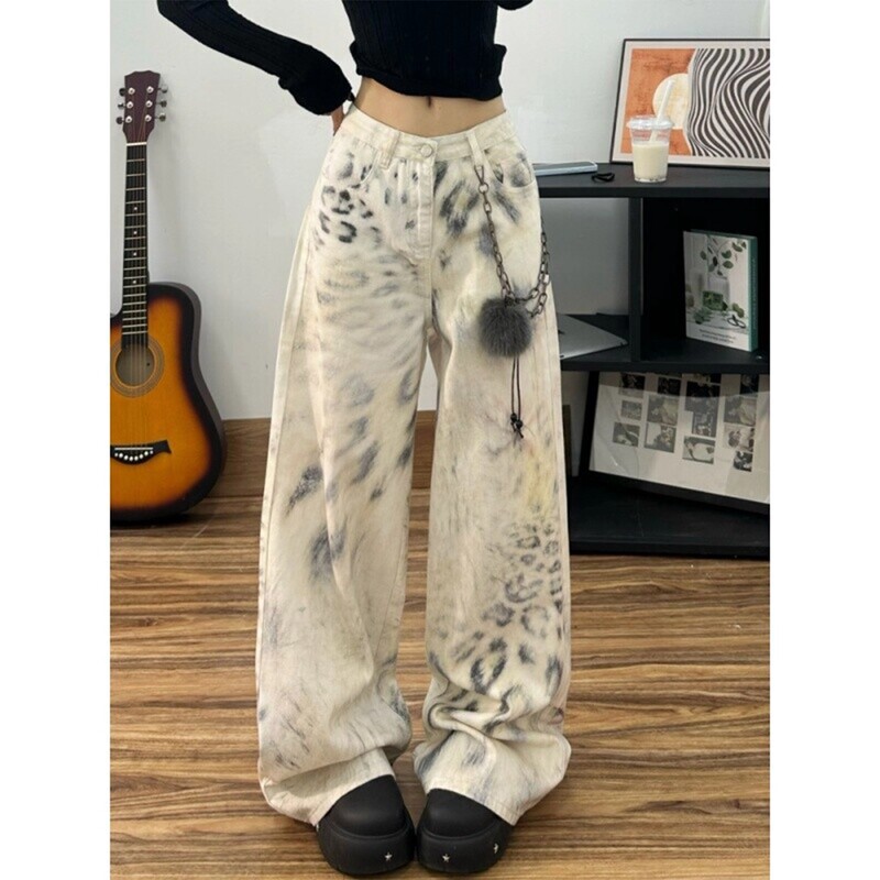Korean Style Retro Leopard Print Tie-Dye Jeans for Girls 2025 Autumn New Straight Loose High-Waisted Casual Pants Korean Style Retro Leopard Print Tie-Dye Jeans for Girls 2025 Autumn New Straight Loose High-Waisted Casual Pants