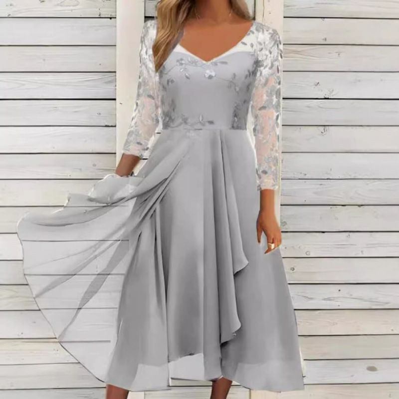 2023 European Station Cross-Border Dress Chiffon Patchwork V-Neck Mesh Hollow Long Dress Bridesmaid Evening Gown