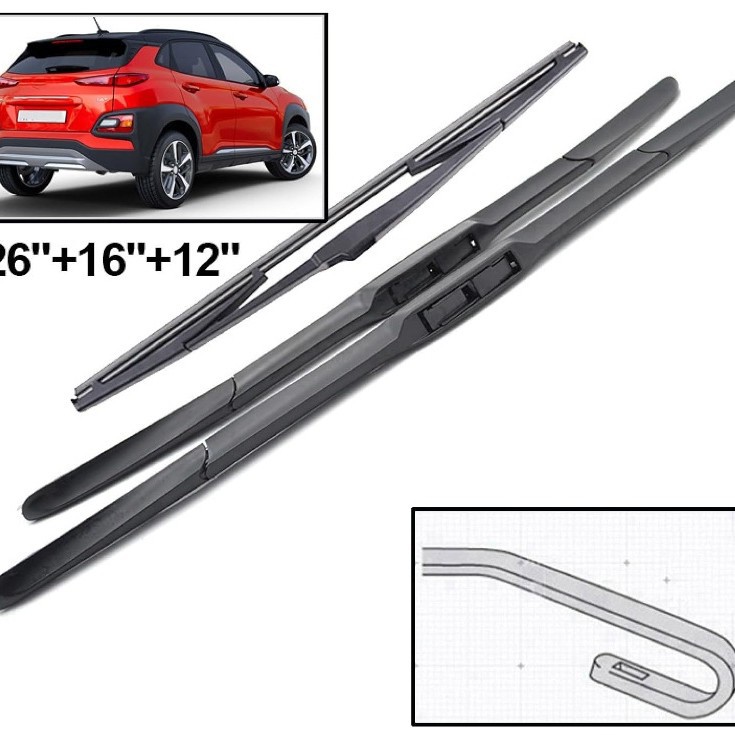 Suitable for Hyundai Kona 2017-2023 26+16+12" Front and Rear Wipers Hyundai Kona Wipers