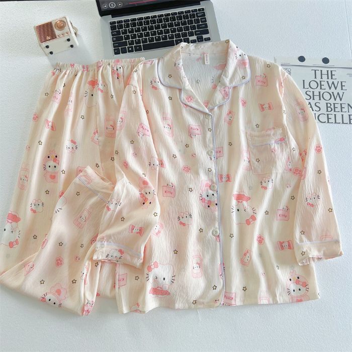 Pijamas al por mayor transfronterizos para mujer traje de algodón de nube de manga larga de otoño de dibujos animados lindo cárdigan de alta gama solapa servicio a domicilio