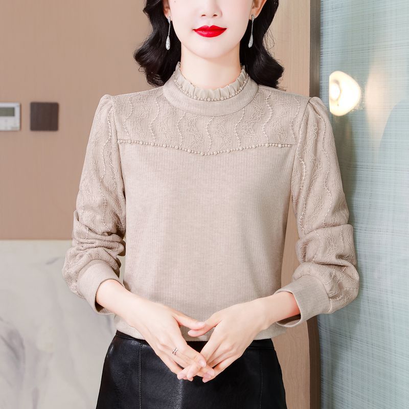 加绒加厚蕾丝打底衫女装秋冬新款洋气时尚钉珠纯色泡泡袖内搭上衣