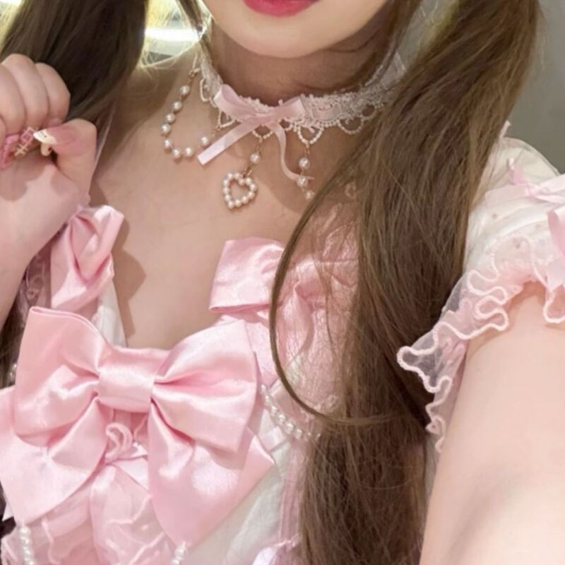 Dark Girl Lolita Style Loli Bow Lace Collarbone Chain Short Necklace Choker Neck Strap for Women Dark Girl Lolita Style Loli Bow Lace Collarbone Chain Short Necklace Choker Neck Strap for Women