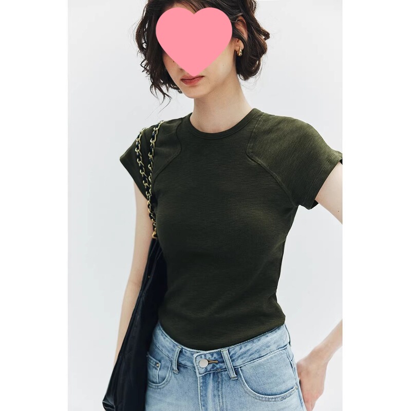 【Eco-Silk Fiber】Ergonomic Design Round Neck Shoulder Split Short Sleeve Ribbed Knit T-Shirt for Women