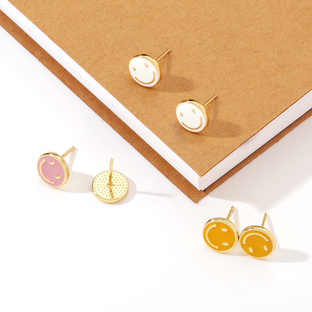 Creative Simple Round Oil Smiley Copper Earrings