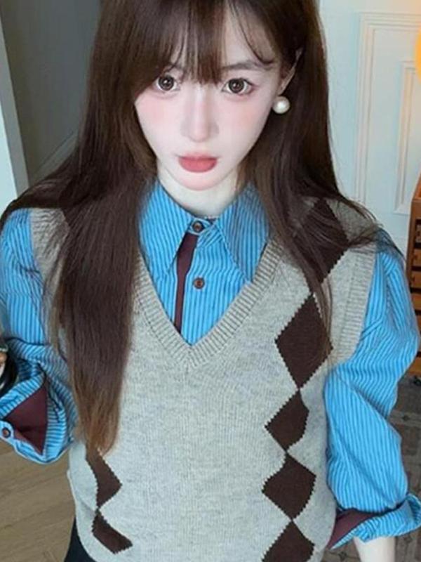 韩系穿搭一整套高级感洋气减龄时尚灰色菱格V领马甲衬衫套装女秋|undefined