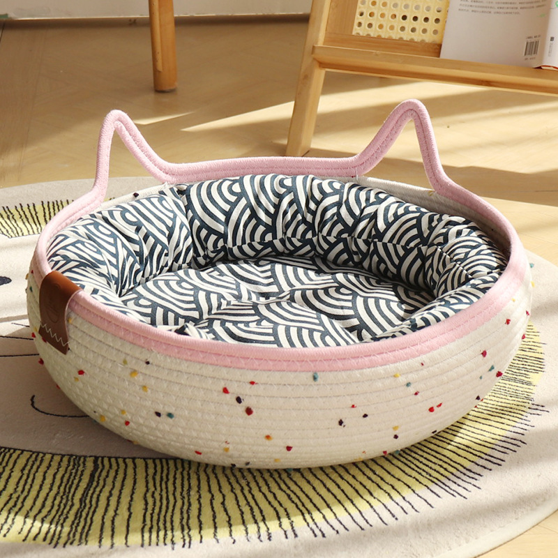 컬러풀한 폼폼 - 핑크 + 블루 코튼 패드 + 블루 베개