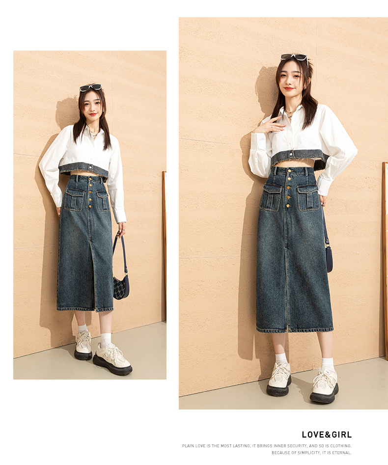 Chân váy denim cạp cao chữ A dáng dài vừa phong cách cổ điển tôn dáng — Màu xanh lam chi tiết 11