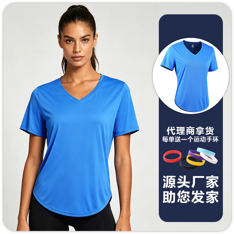 T-shirt de yoga de acondicionamiento físico para mujeres, protector solar, absorción de humedad, sudor, secado rápido, transpiración, correr, cuello en V, mangas cortas