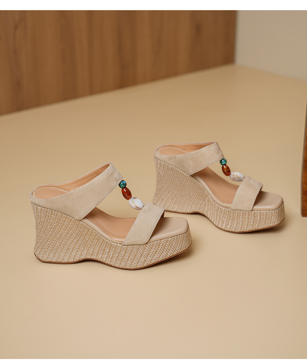 Sandal cao gót nữ hở mũi đế xuồng đan rơm gót 10 cm — màu nâu, màu mơ chi tiết 12