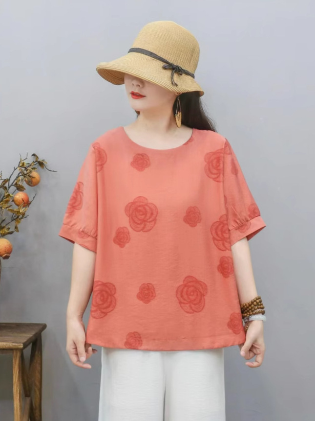 Cross-border nueva camiseta de mujer china impresa camiseta de mujer de manga corta camiseta base de verano overhead cuello redondo artístico ocio image 2