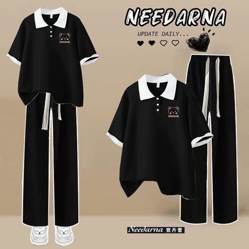 Summer Set Women's Student Korean Style Loose Fit Slimming Polo Neck T-shirt + Jeans College Style Two-Piece Set Trendy