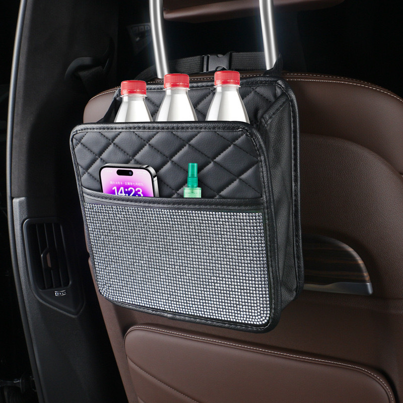Bolsa de almacenamiento trasera de asiento de diamante de automóvil transfronterizo, bolsa colgante, caja de almacenamiento multifuncional, bolsa trasera de asiento de diamante montada en automóvil