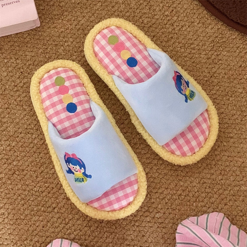 趣味撞色居家软底地板棉拖鞋卡通男女孩秋冬情侣卧室休闲一字拖鞋|undefined