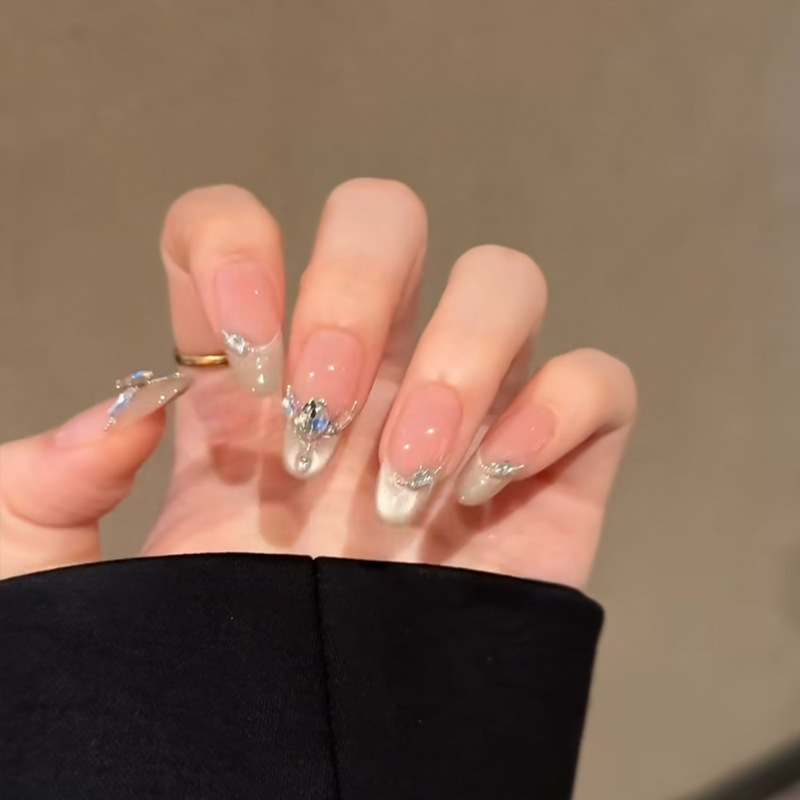 Handmade Nude Pink Gradient Glitter Nail Tips for Brides, Phototherapy Whitening Fake Nails for Wedding
