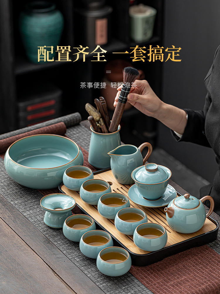 BB4C批发汝窑功夫茶具套装家用轻奢办公室会客泡茶壶陶瓷茶杯