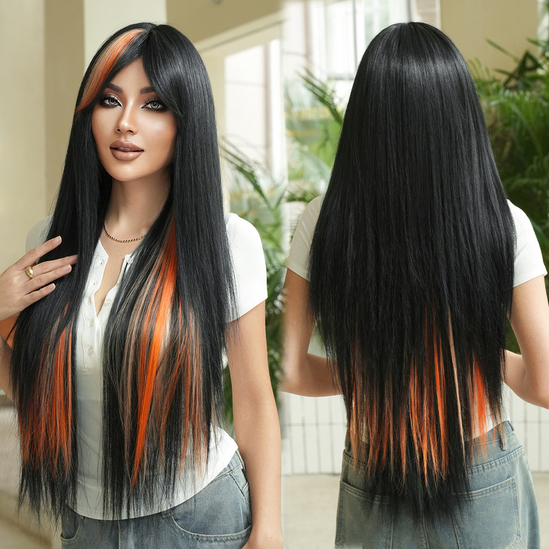 High Quality 32in Super Long Cosplay Straight Wig Female Sunshine Orange Highlight Fashion Subculture Wig