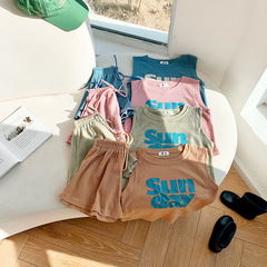 Girls' clothing style suit baby printed vest summer 2023 new children's waffle short-sleeved pants two-piece set