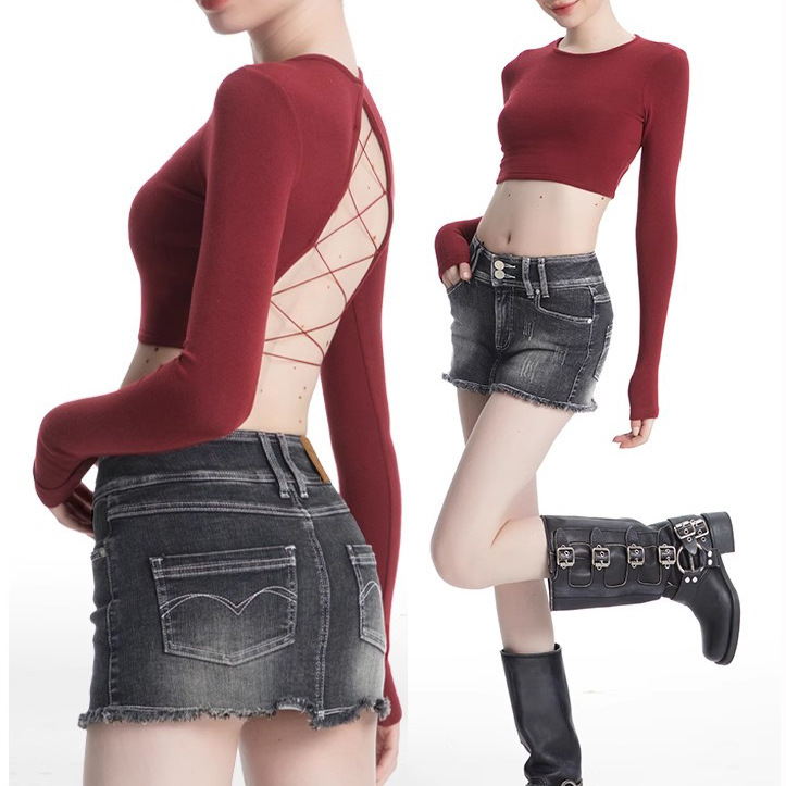 아메리칸 스타일 핫 걸 백 할로우 스트랩 디자인 센스 반팔 티셔츠 섹시한 이슬 스트랩 가슴 패드 여성용 긴팔 쇼트 탑