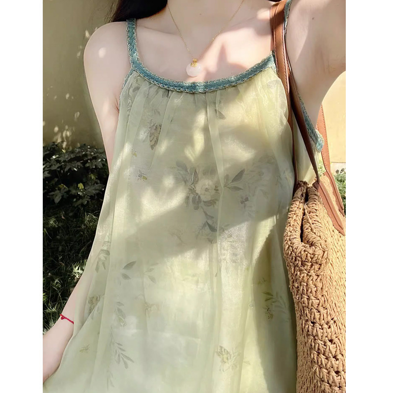 新中式国风绿色碎花连衣裙女2024年夏季新款优雅气质显瘦长裙