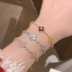 「Qimeng Tianying」中古カラフルなマザーオブパール四つ葉のクローバーブレスレットマイクロ象嵌ジルコン中空ハイエンドライト高級ハンドジュエリー