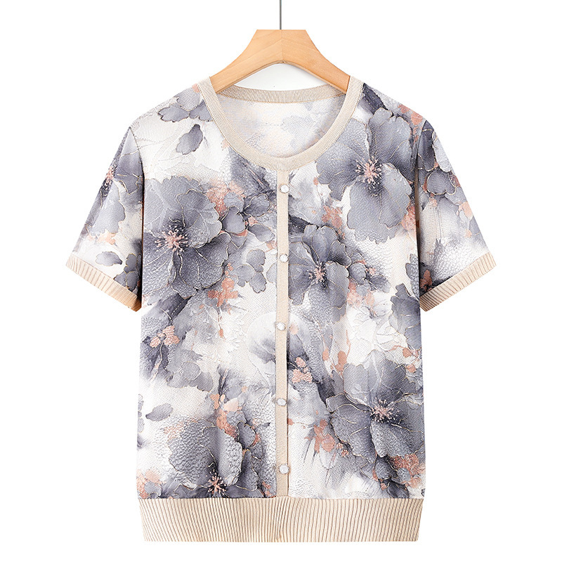 Middle-Aged and Elderly Mothers' Summer Round Neck Short-Sleeved T-Shirts 2025 Women's Clothes 40-60 Years Old Grandma Tops for Women