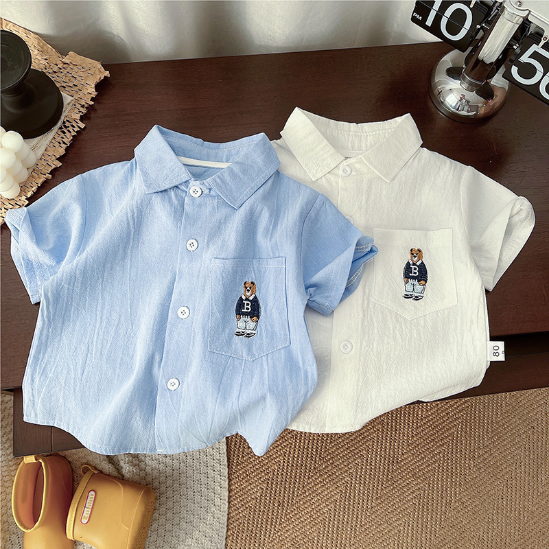Children's Cotton Short-sleeved Shirt 2025 Summer New Small and Medium Boys Embroidered Bear Soft Casual Top Trendy