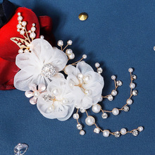 新娘頭紗配飾品 手工珍珠邊夾漢服布藝仿真花頭花陶泥球水鑽發夾