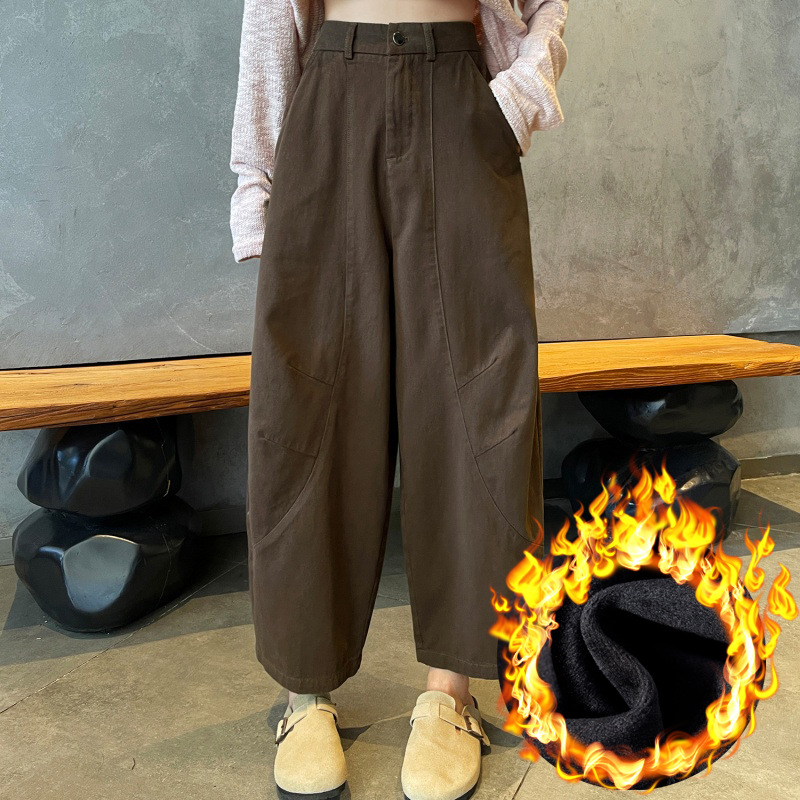 Brown Cotton Wide-Leg Curved Pants for Women, Nine-Tenths Length, Autumn and Winter, Fleece-Lined, Thickened, Korean Style, High-Waisted, Slimming, Plus-Size Casual Pants
