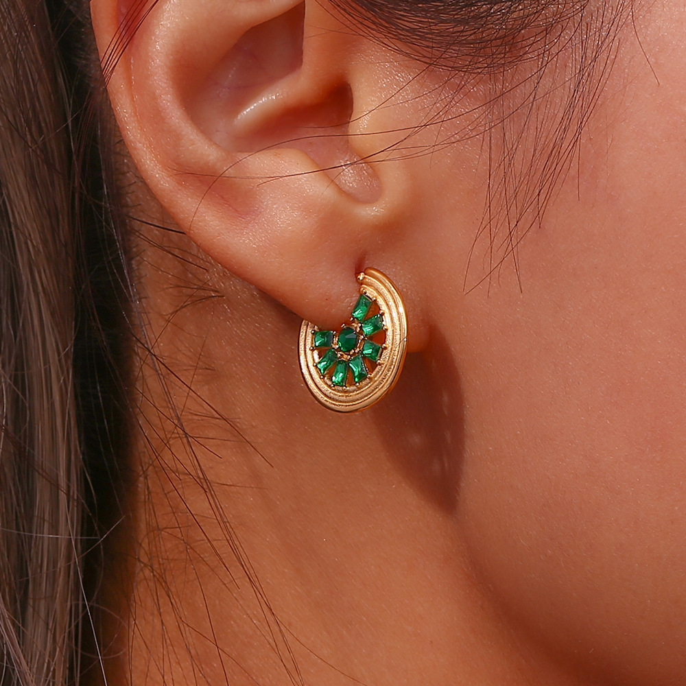 Green Zircon Inlaid Lemon Slice Stainless Steel Earrings