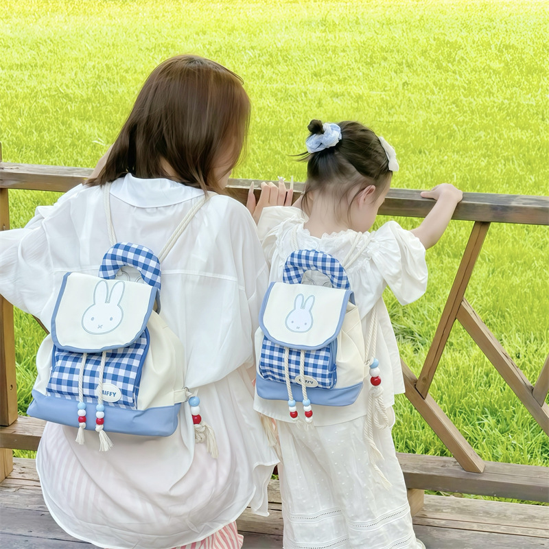 Jardín de infantes mochila para bebés de clase pequeña y media adorable conejo, mochila para niños y niñas, mochila de estilo a cuadrícula para padres e hijos, moda