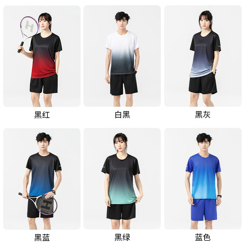 Verano deportivo gradiente pareja juego de correr mangas cortas pantalones cortos hielo rápido secado moda deportivo dos piezas juego al por mayor