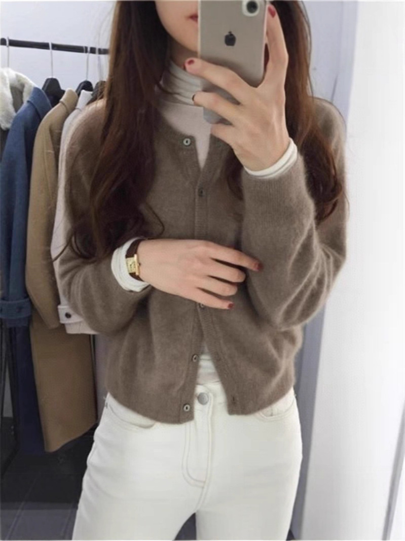100純ウールカーディガン女性丸首ウールニットジャケットゆるい底付きセーターの外に痩せた上着を重ねて着る