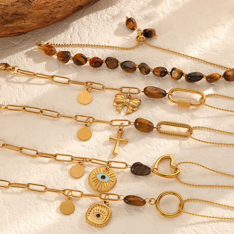 European and American Stainless Steel Cross Bracelet, Cross-Border Titanium Steel Heart-Shaped Pendant, Tiger Eye Stone Women's Devil's Eye Bracelet